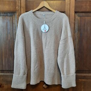 NWT Anrabess Tan Soft Fuzzy Oversize Crewneck Knit Sweater Wide Cuffs Size Large